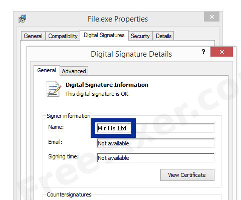 Screenshot of the Mirillis Ltd. certificate